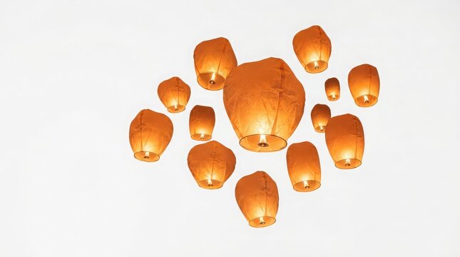 A collection of glowing paper lanterns floating in the dark night sky during the traditional mid autumn festival in china celebration event