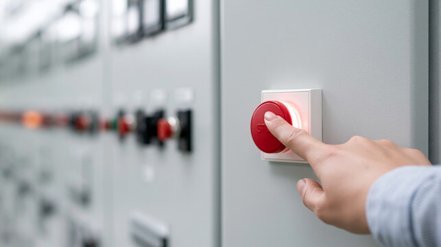 Hand dr&uuml;ckt roten Not-Aus-Schalter an einer industriellen Steueranlage. Symbol f&uuml;r Maschinensicherheit, Produktionsstopp, Arbeitsschutz, Notabschaltung und Industrieautomation.