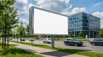 Obraz premium Blank billboard sign on a busy city street with modern office building.