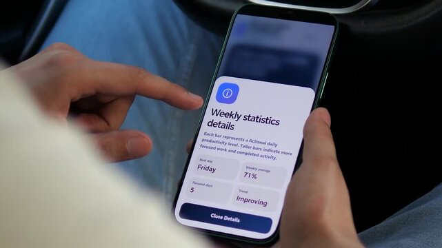Professional reviews weekly productivity analytics on a smartphone, highlighting remote work performance, focus habits and the growing shift toward data-driven digital workplaces.