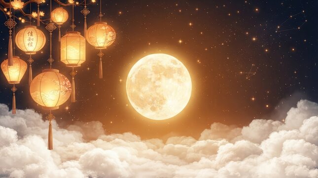 A beautiful glowing full moon shines over soft white clouds with traditional hanging paper lanterns celebrating the mid autumn festival in china tonight