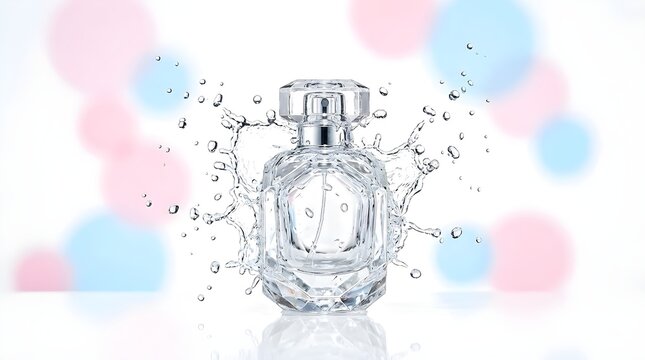 Luxury glass perfume bottle with dynamic clear water splash droplets exploding around the container, standing on white reflective studio floor surface with soft blurred pastel pink and blue circular b