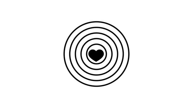 Black heart icon radiating circular signal waves on a white background in a minimalist motion graphics style representing digital love.