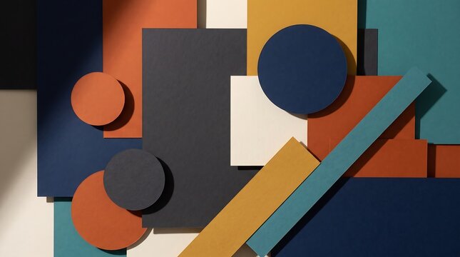 Dynamic geometric composition with overlapping colorful shapes including rectangles and circles on textured paper, abstract art background.