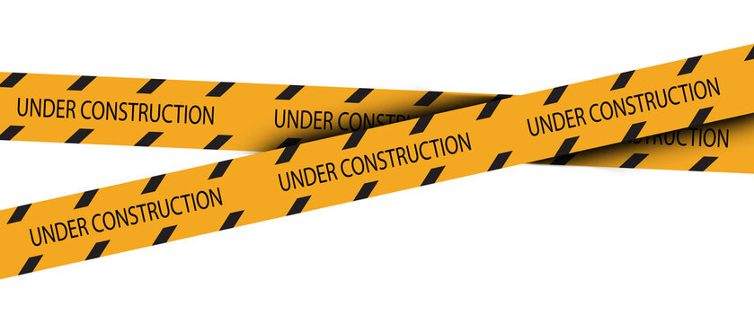 Yellow construction warning tape with bold black lettering and crossed barrier strips. Safety restriction design creates a clear hazard boundary. Modern vector element for building sites, warnings 