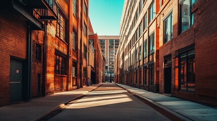 Fototapeta premium Sunny alleyway between terracotta brick buildings