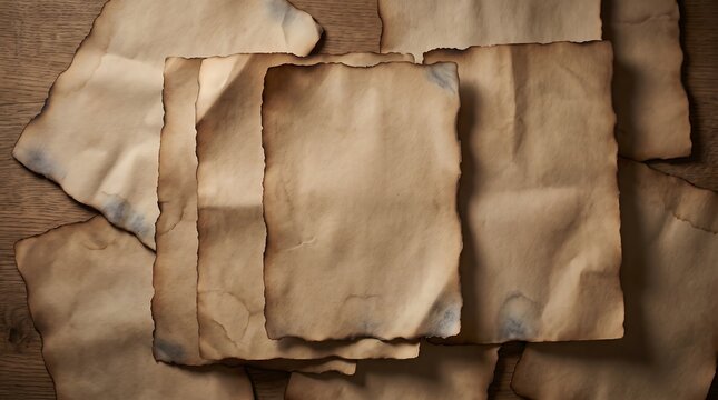 Rustic collection of aged blank parchment paper sheets with burnt edges scattered on warm wooden surface, vintage texture for antique documents.