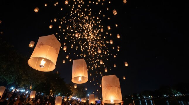 Beautiful glowing paper lanterns floating into the night sky during the traditional mid autumn festival in china celebrating culture and lunar harvest time
