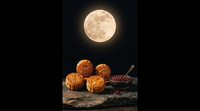 Traditional mooncakes served on a stone plate under a bright full moon during the beautiful mid autumn festival in china night celebration