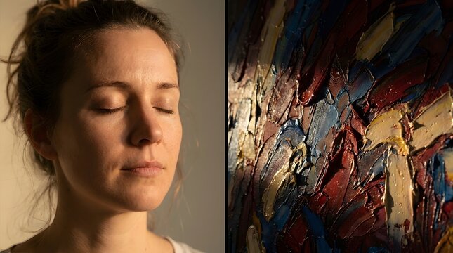 Split Screen Portrait of Peaceful Woman with Eyes Closed and Abstract Impasto Oil Painting