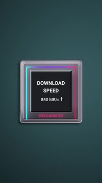 Download speed indicator on square futuristic neon monitor HUD interface