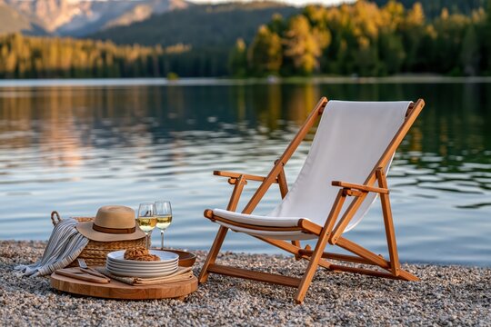 Wooden deck chair and picnic setup by scenic mountain lake at sunset