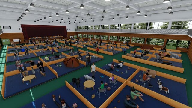 体育館に設置された避難所の様子（多くの人々とペットの犬と猫が滞在）3DCG アニメーション