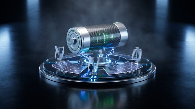 A powerful battery with glowing green energy bars and electric sparks, surrounded by mini solar panels on a sleek, dark metallic platform.