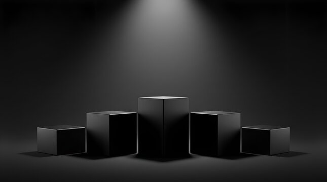 Minimalist black podium for product display, dark studio background with spotlight, elegant 3D pedestal stage for luxury showcase