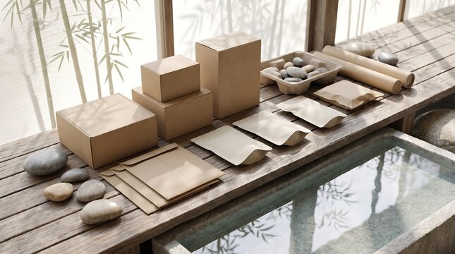 An array of eco-friendly brown paper packaging, including boxes, pouches, and rolls, arranged on a rustic wooden deck beside a serene water feature.