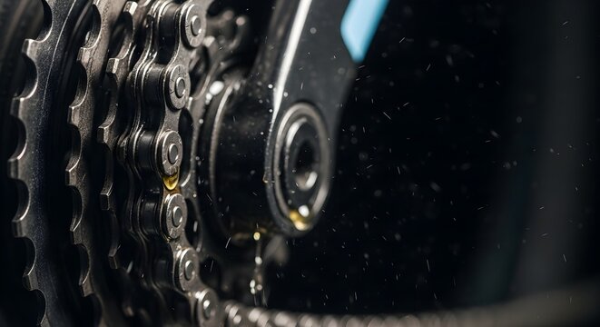Close up of oil droplets being applied to a bicycle chain and cassette during bike maintenance