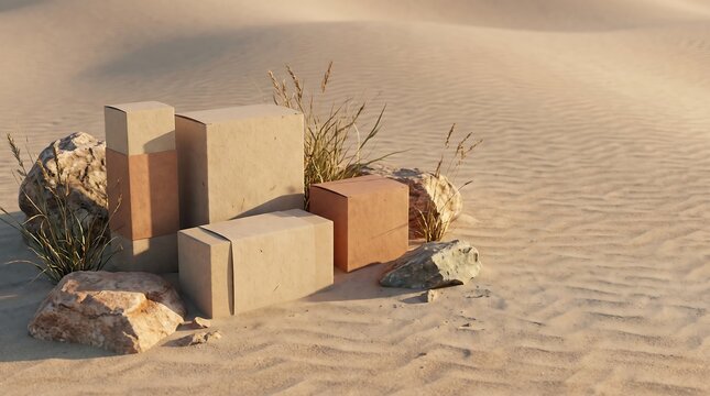 Various cardboard boxes and packaging items in natural tones, nestled among rocks and dried grasses in a vast, sunlit desert landscape with sand dunes.