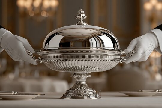 Luxury silver platter service with domed lid and white gloves elegant