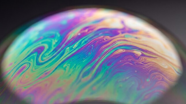 Detailed close up of soap bubble film showing iridescent rainbow swirling patterns in fluid motion creating beautiful abstract metallic texture on dark background.