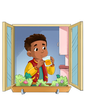 African American boy drinking juice while looking out of a window, children's illustration