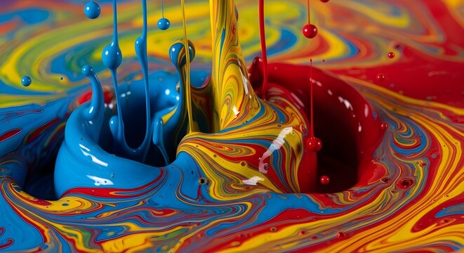 Vibrant blue yellow and red paint splashing and mixing in a swirling abstract liquid composition