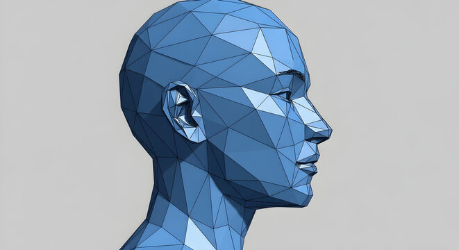 Blue Low Poly 3D Model of a Human Head Profile Depicting Digital Geometric Art and Modern Technology Concept