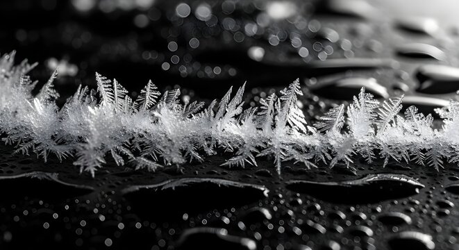 Close up of intricate ice crystals and frozen water droplets on a dark glossy background