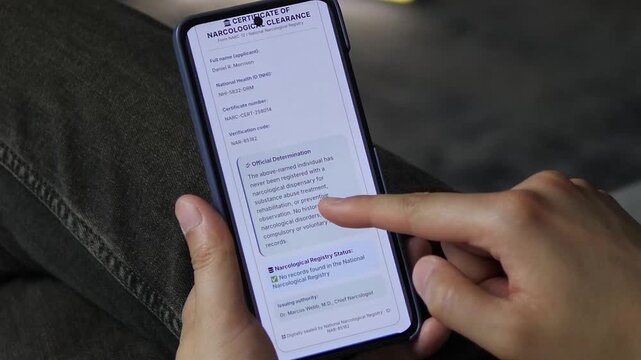Mobile screen showing a verified Certificate of Narcological Clearance. The document confirms no records found in the national registry. Perfect for employment background checks