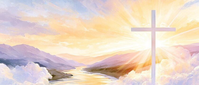 A peaceful dawn breaks over a river featuring a cross that represents hope faith and spiritual rebirth