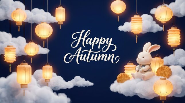 A beautiful festive background for the mid autumn festival in china featuring glowing paper lanterns white fluffy clouds and a cute rabbit