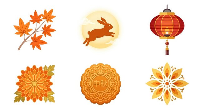 A collection of traditional decorative elements featuring mooncakes and lanterns for the beautiful celebration of the mid autumn festival in china today
