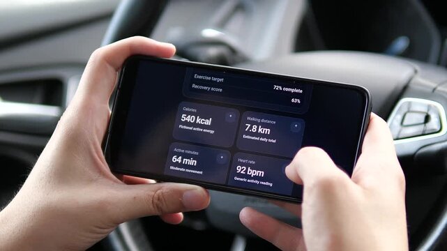 A user checks a mobile fitness dashboard in a car, tracking calories, walking distance and recovery metrics in a realistic snapshot of digital wellness and everyday health monitoring.