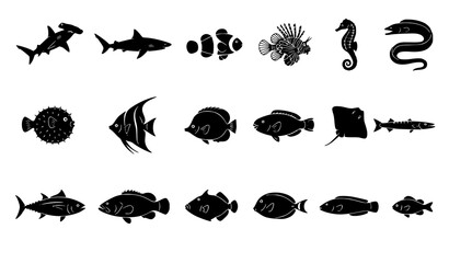 Obraz premium Tropical Marine Animals and Shark Silhouette Icon Set Vector