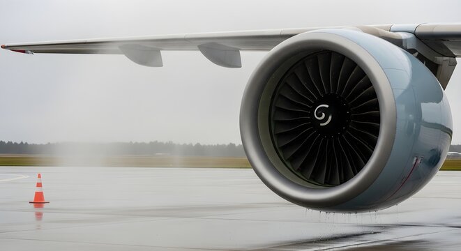 Large jet engine and airplane wing on wet airport runway during rainy weather