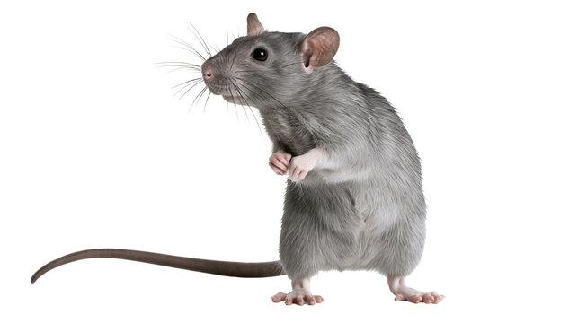 Gray rat standing on hind legs with front paws clasped