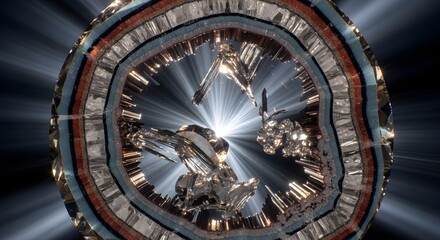 Obraz premium Glowing bright light bursting from the center of an abstract layered crystal geode structure
