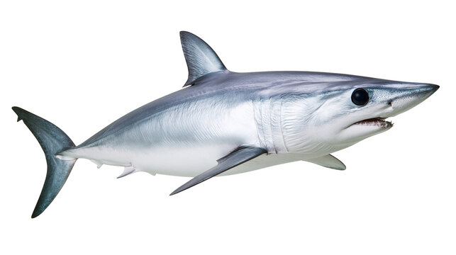 Mako shark with sharp teeth and dark eye, side view