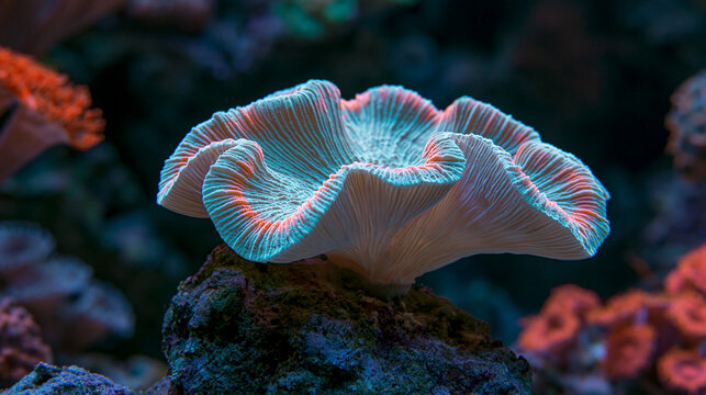 A vibrant mushroom coral thrives on a reef. Ideal for marine conservation projects and aquatic aquarium store marketing.