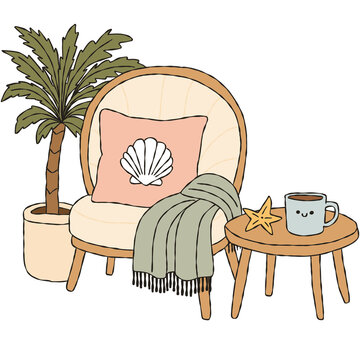 Coastal Reading Chair with Palm Tree Seashell Pillow Coffee and Starfish Hand Drawn Illustration