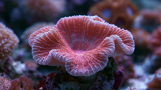 A vibrant pink mushroom coral glows in a saltwater aquarium. Ideal for marine life, nature, and tropical ocean.