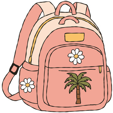 Pink School Backpack with Palm Tree and Daisy Hand Drawn Coastal Classroom Illustration