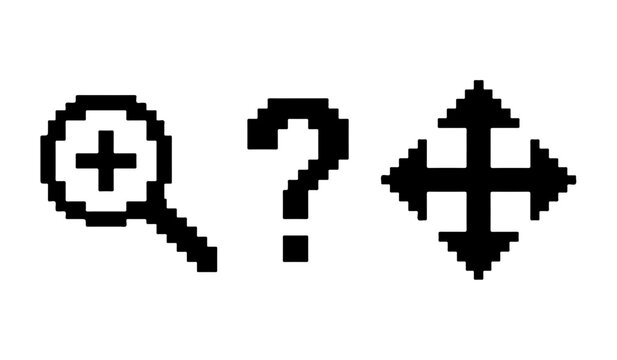 Pixel style interface icons set including zoom in, help symbol and move navigation arrows. Concept of app controls, usability and interaction design.