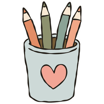 Colored Pencils in Heart Pencil Holder Hand Drawn Classroom School Supplies Illustration