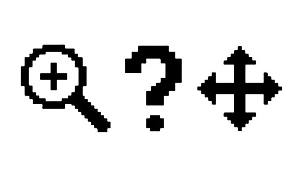 Pixel style interface icons set including zoom in, help symbol and move navigation arrows. Concept of app controls, usability and interaction design.