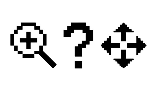 Pixel style interface icons set including zoom in, help symbol and move navigation arrows. Concept of app controls, usability and interaction design.