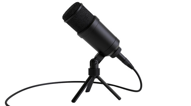 Black condenser microphone on tripod stand with cable