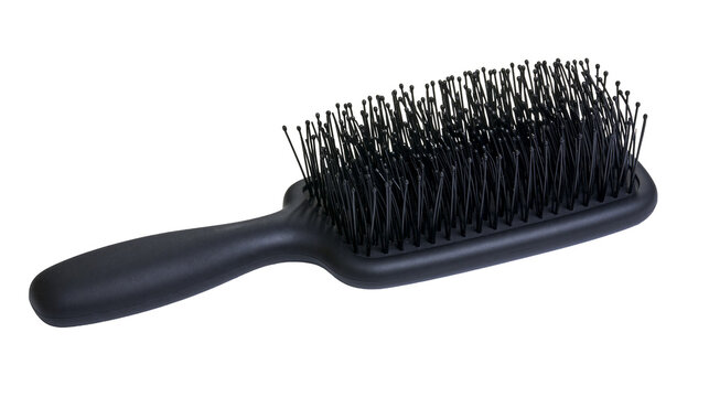 Black plastic hair brush with dense bristles and rounded pins
