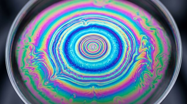 Top view macro close up of soap bubble liquid film surface showing mesmerizing concentric colorful rings created by thin film interference against dark background.