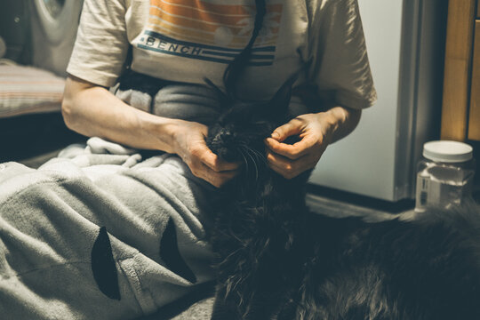 A woman with long dark hair gently holds a black cat while sitting on the floor. The setting is cozy and domestic, with soft lighting and homey elements.